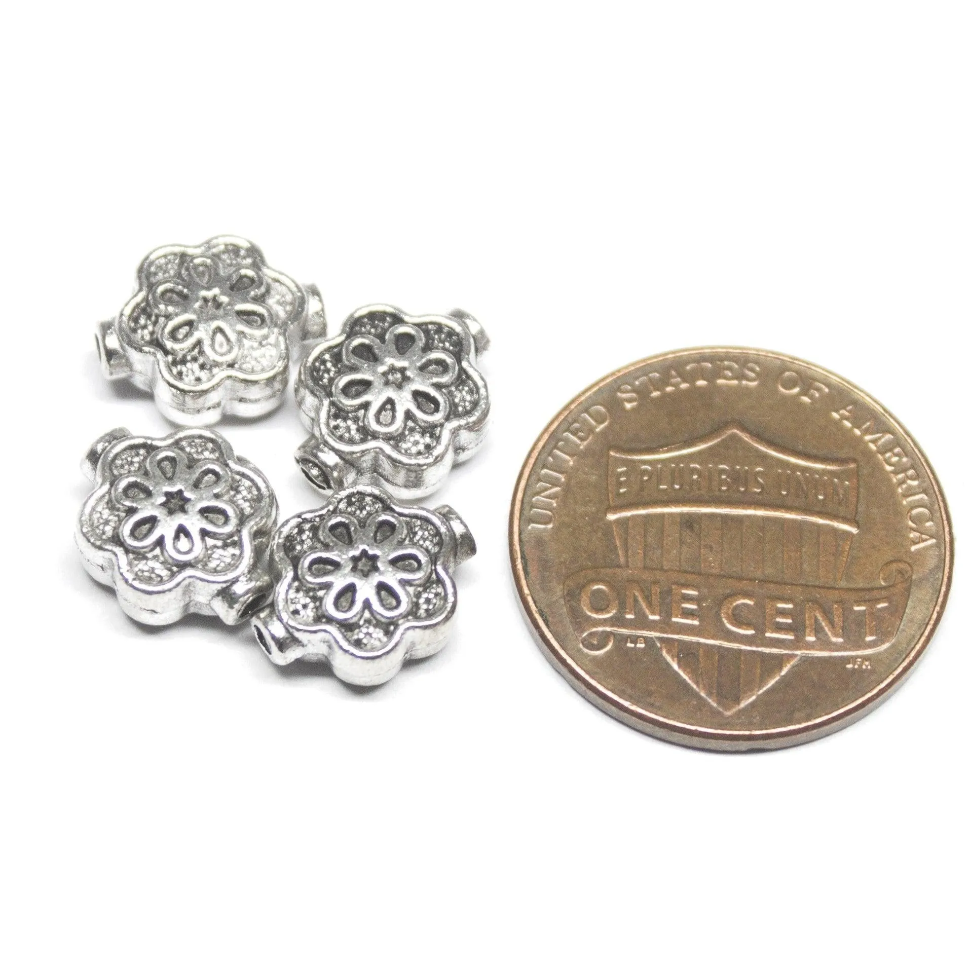 10 Floral Spacer Beads Antique Silver Tone Flower Bead - SC154