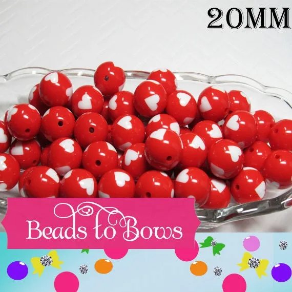 10Ct. 3.49 Red Heart 20mm Beads, Bubblegum Beads, Gumball Beads, Heart Printed Beads, Acrylic Beads, Chunky Necklace Supply, Bubblegum Beads