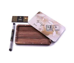Benji Walnut Wooden Tray With Magnetic Lid   Pre-Rolled Cones   Rolling Papers Kit