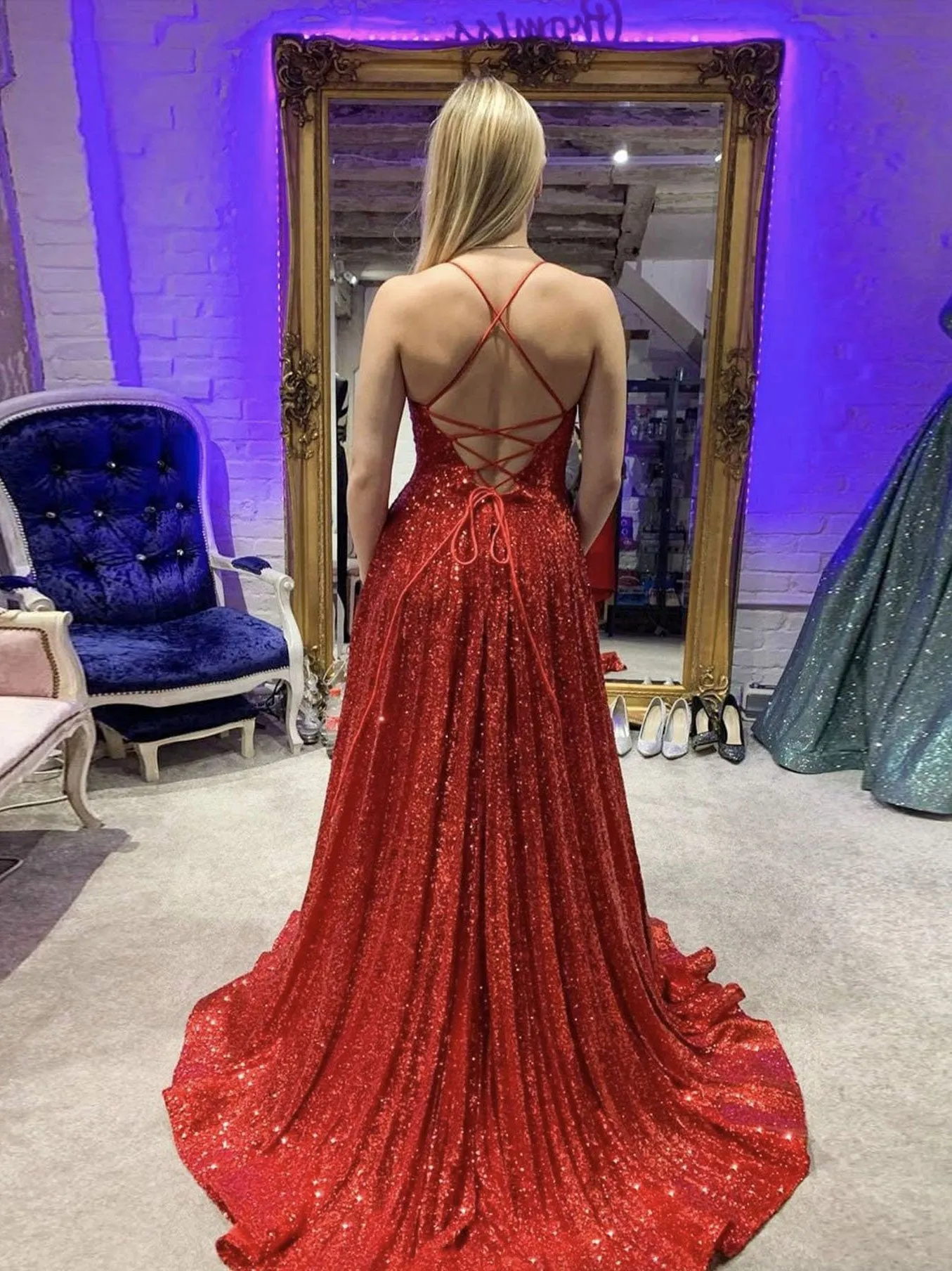 Burgundy v neck sequin long prom dress, burgundy evening dress