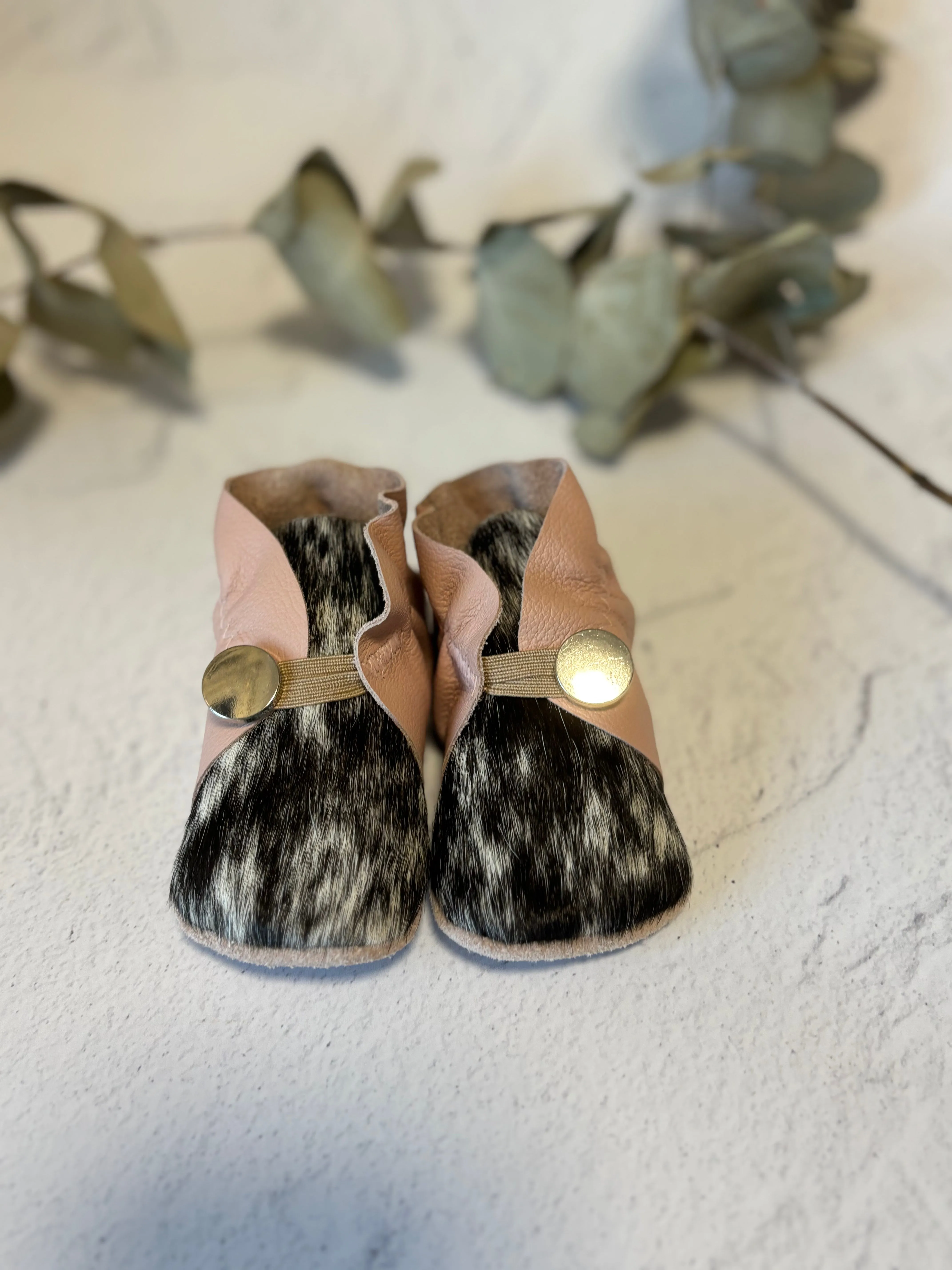 Button Bootie - Pink Leather and Cowhide