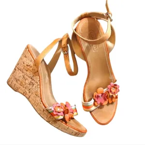 Coach Morgan Strappy aCork Wedge Floral Leather Sandal size 8.5