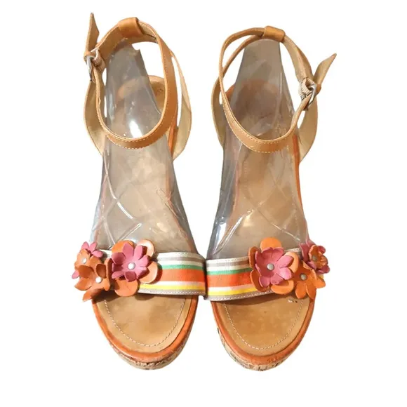 Coach Morgan Strappy aCork Wedge Floral Leather Sandal size 8.5