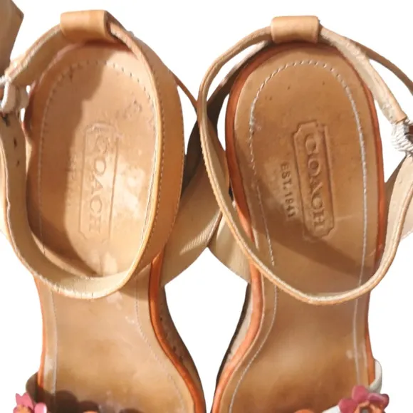 Coach Morgan Strappy aCork Wedge Floral Leather Sandal size 8.5