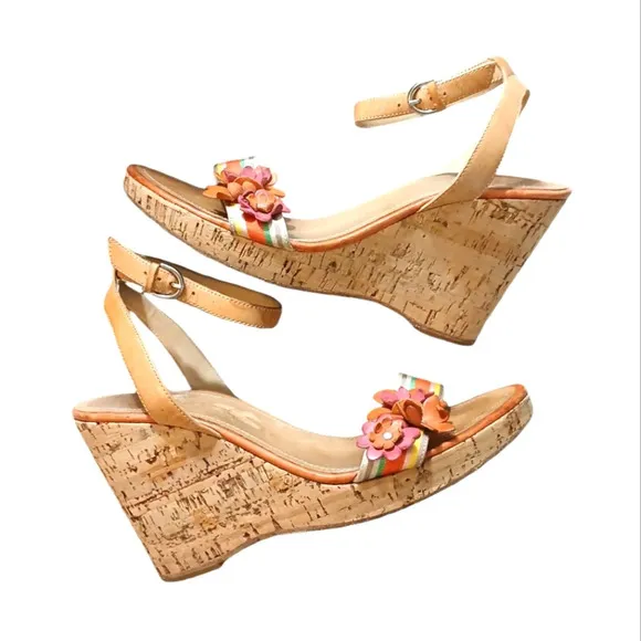 Coach Morgan Strappy aCork Wedge Floral Leather Sandal size 8.5