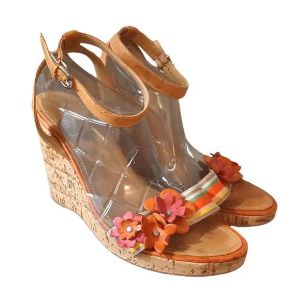 Coach Morgan Strappy aCork Wedge Floral Leather Sandal size 8.5