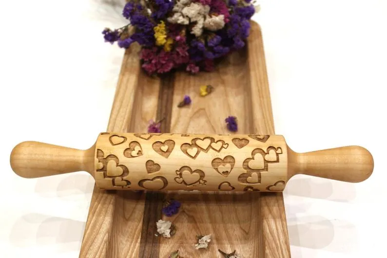 Embossed ROLLING PIN Heart Engraved Christmas Gift, Clay Stamp, Pottery Roller