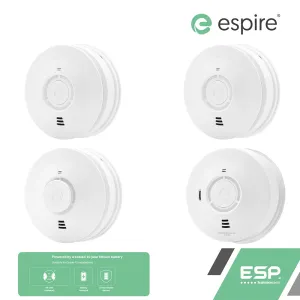 ESP Espire Battery Powered ES1SL 2x Optical Smoke Alarm, ES1HL Heat Alarm & ES1CL Carbon Monoxide Alarm by a 10 Year Lithium Battery