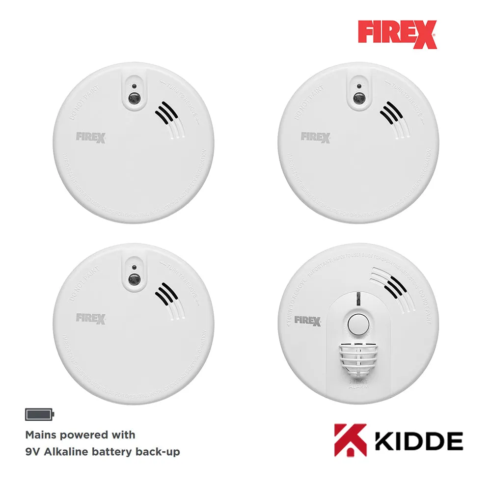 Kidde Firex 3x KF20 Optical Smoke & 1x KF30 Heat Alarm Kit Mains Powered with 9V Alkaline Battery Back-Up