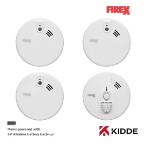 Kidde Firex 3x KF20 Optical Smoke & 1x KF30 Heat Alarm Kit Mains Powered with 9V Alkaline Battery Back-Up