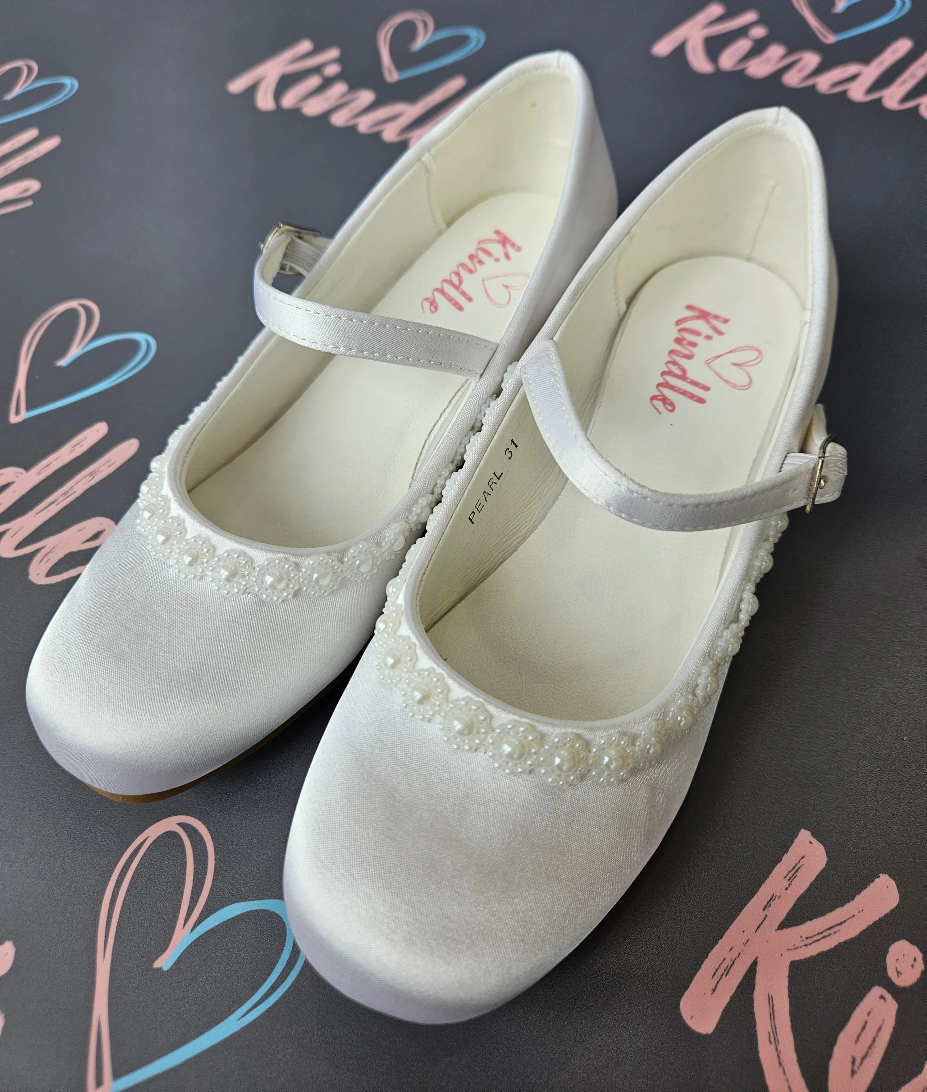 KINDLE Girls White Communion Shoes:- Heels Pearl