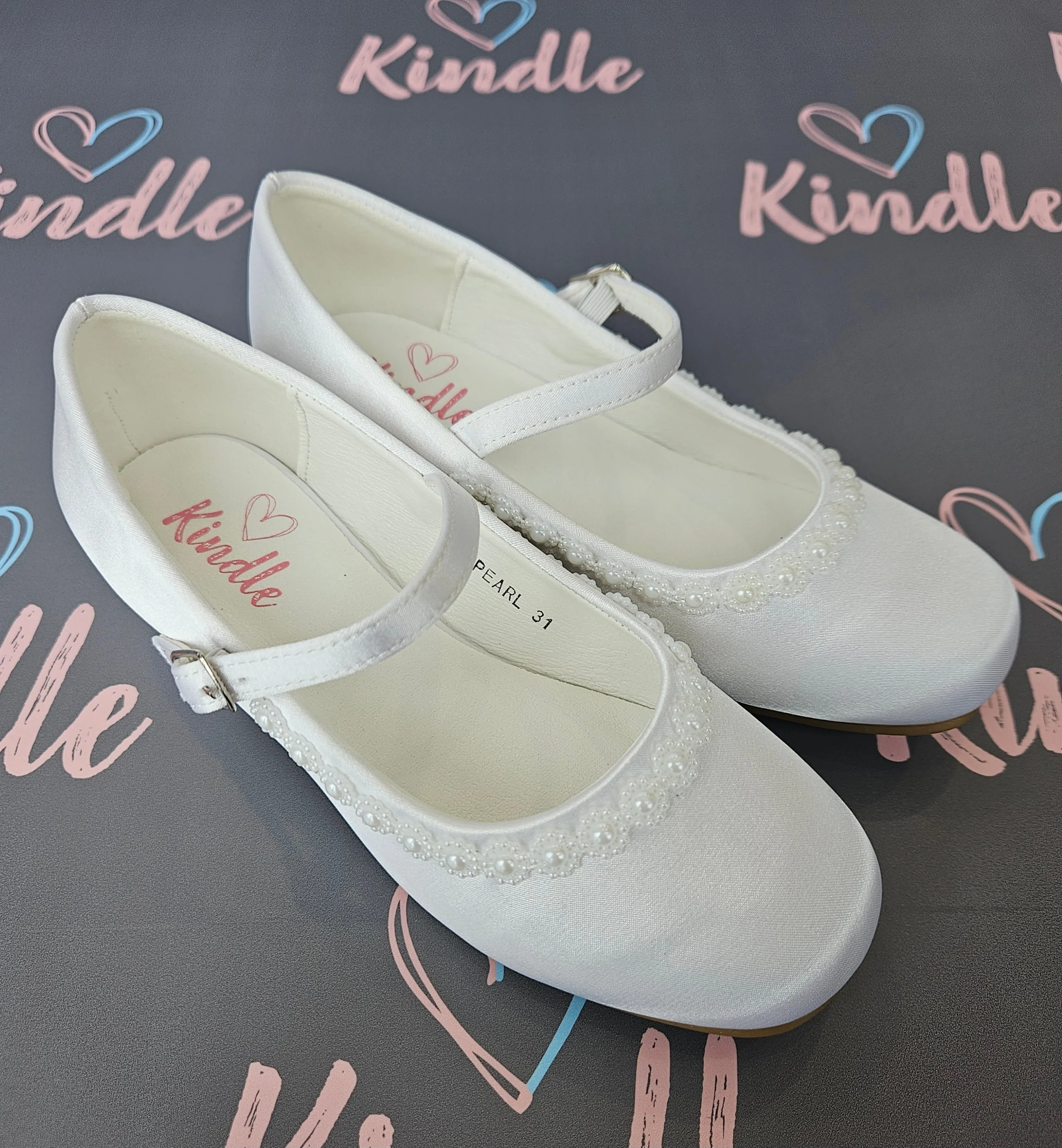 KINDLE Girls White Communion Shoes:- Heels Pearl