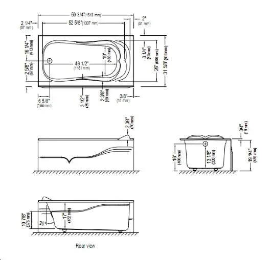 Neptune Daphne Mass-Air/Activ-Air Combo Tub - With Integrated Skirt - 59-3/4" L x 31-5/8" W x 19-1/4" H - DA60CMA