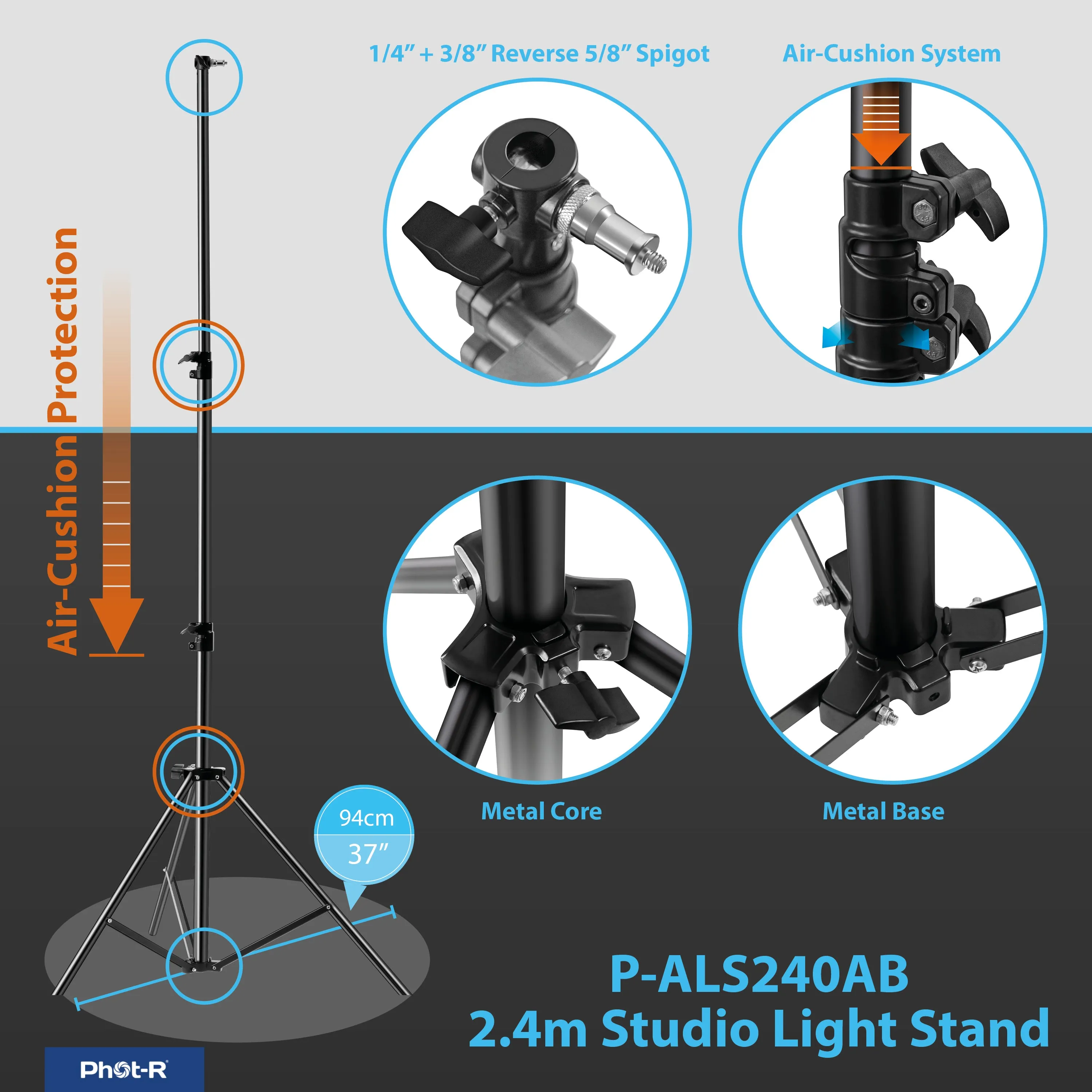 Phot-R ALS240AB 2.4m Air Cushion Light Stand