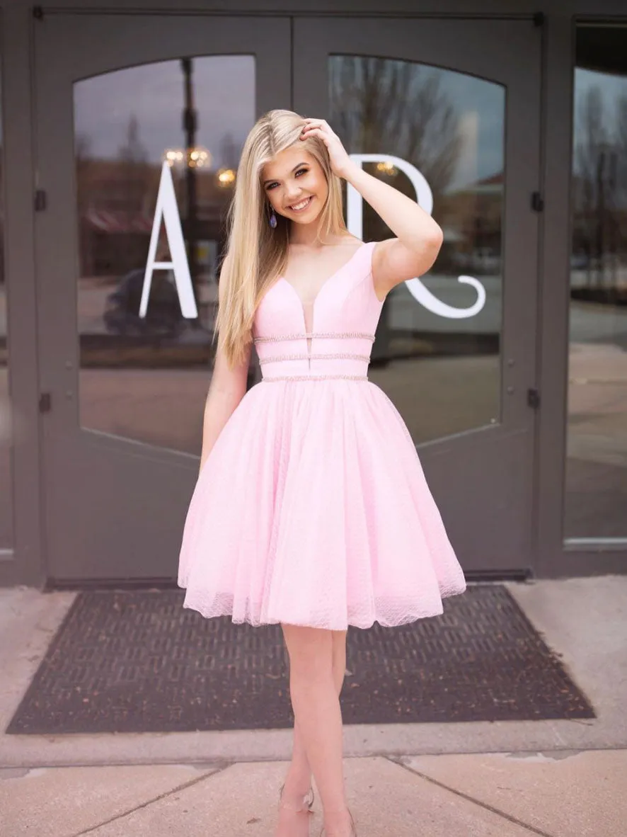 Pink v neck tulle short prom dress, cute pink homecoming dress