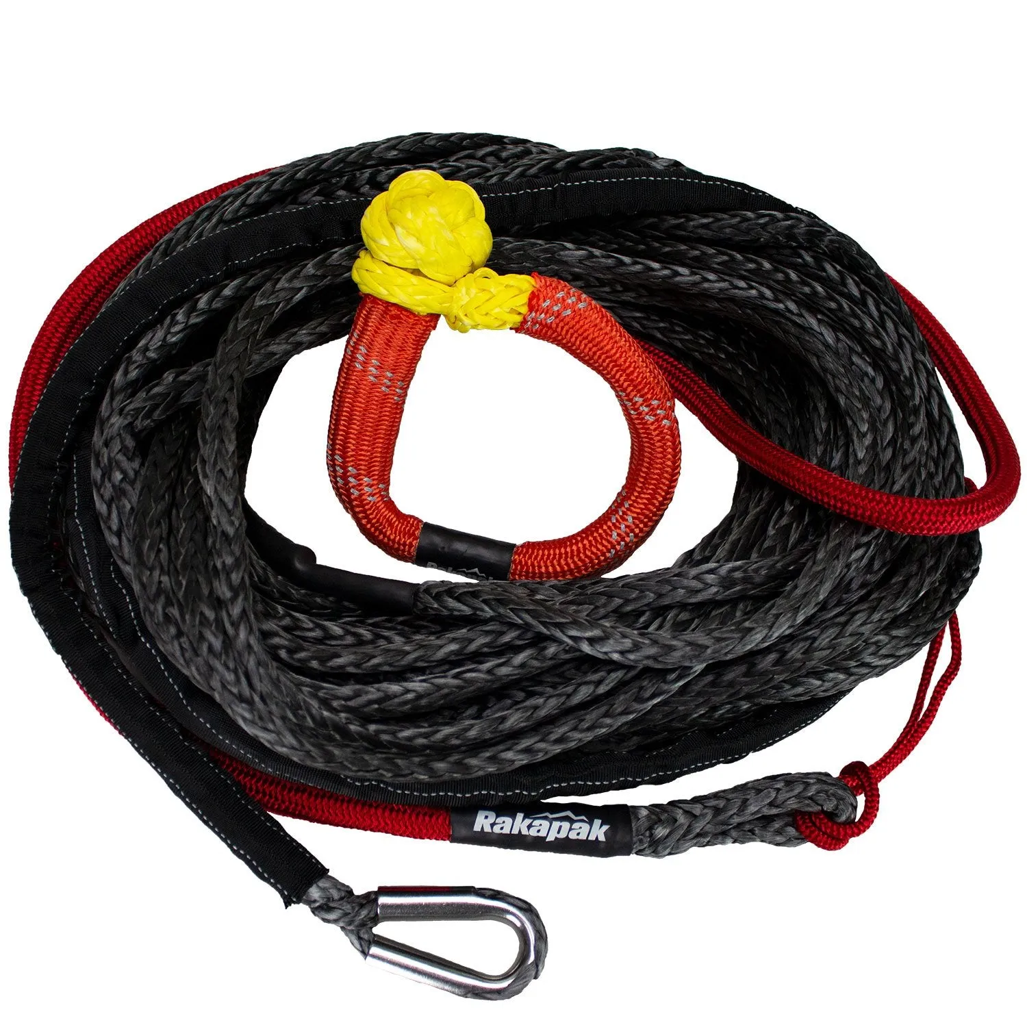 Rakapak UHMWPE 100ft Synthetic 3/8 in Winch Line 22,000 LBS Breaking Strength with Soft Shackle Rope, Abrasion Sleeve