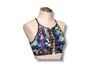 Reflective Mushroom Lace Up Backless Crop Top With Black Trim