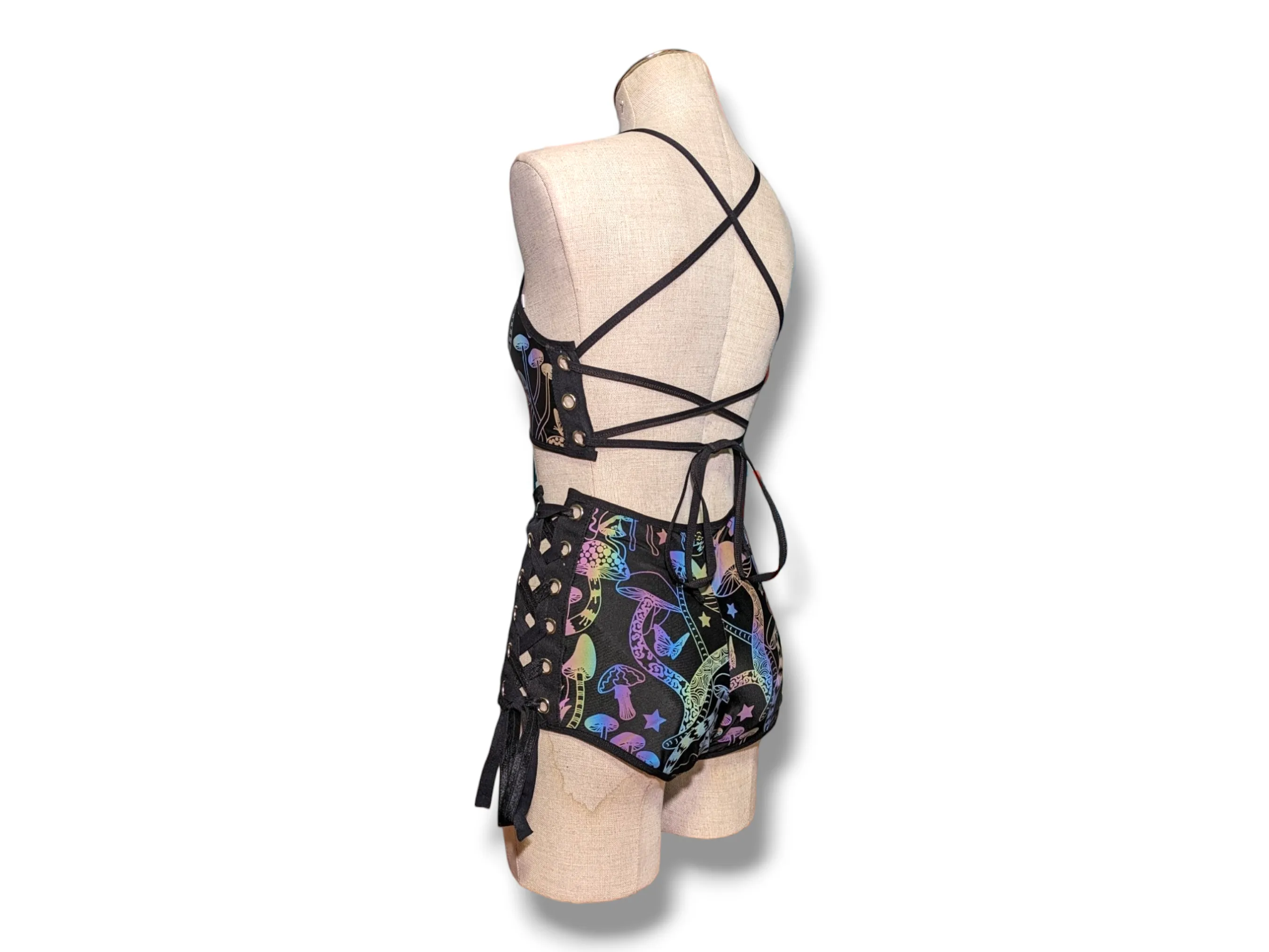 Reflective Mushroom Lace Up Backless Crop Top With Black Trim