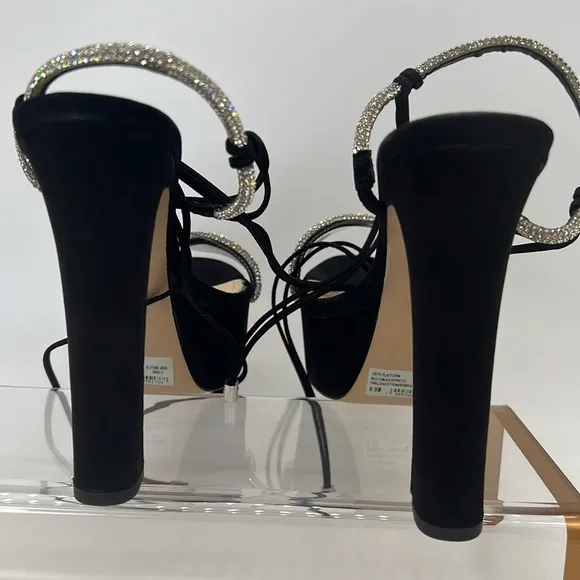 SCHUTZ NWB Cath Crystal-Embellished Nubuck Platform Sandals Black