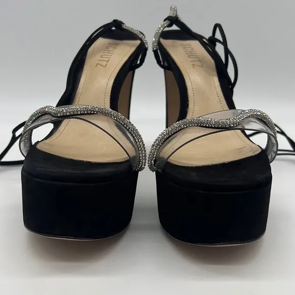 SCHUTZ NWB Cath Crystal-Embellished Nubuck Platform Sandals Black