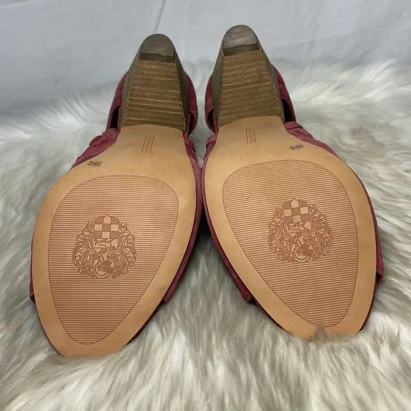 Vince Cameo Evelin Teaberry Suede Cone Heel Peep Tpe Shoes Sz 10 WIDE WIDTH